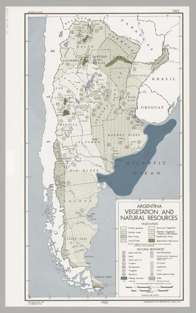 Map of Argentina that depicts its vegetation and natural resources.