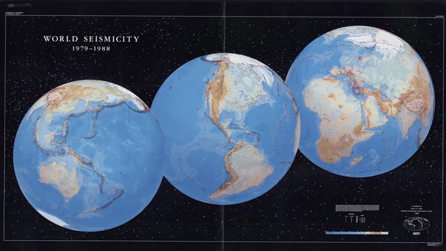 Map titled World Seismicity 1979-1988 showing three views of the earth’s surface.